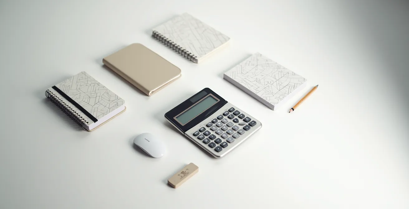 Vue détaillée d'un cahier d'analyse avec calculatrice et échantillons de produits