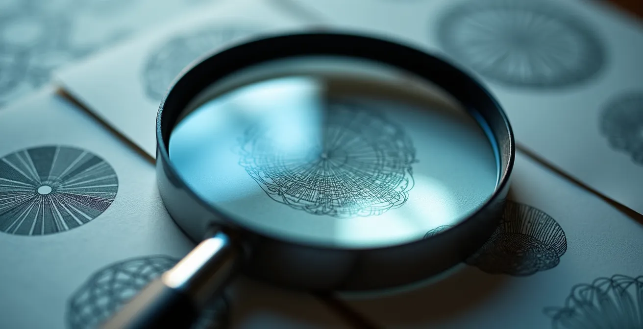 Gros plan sur une loupe examinant des documents de certification avec motifs abstraits